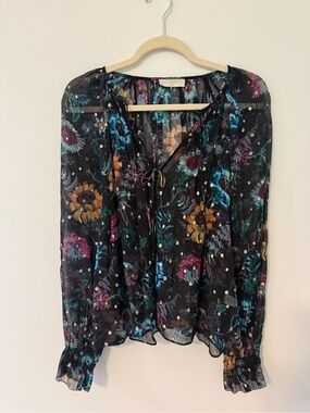 Ulla Johnson Bernadette Floral-print Fil Coupé Silk-blend Blouse Black Iris Sz 6
